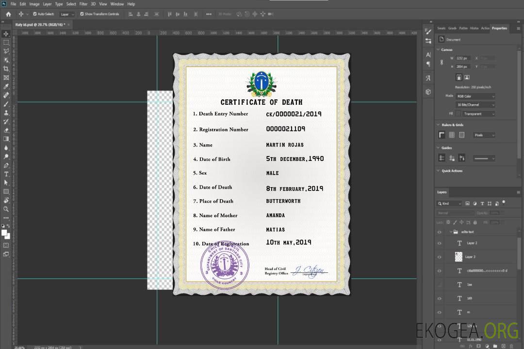 Modèle PSD de certificat de décès de l'état civil du Chili template Modèle PSD de certificat de décès de l'état civil du Chili template
